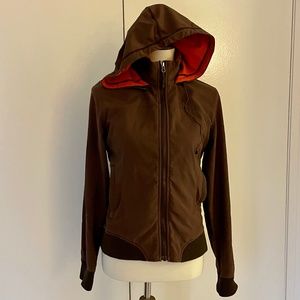 Marmot Hooded Soft Shell Jacket w/ Full-Length Zipper, Brown w/ Orange Trim, M